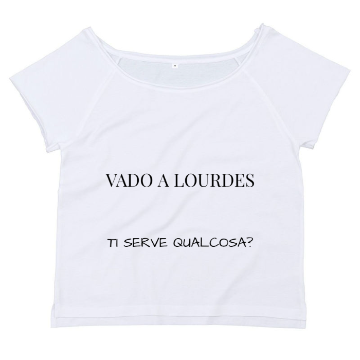 T-Shirt SARCASTICO Donna Cotone organico Flashdance Mantis "VADO A LOURDES TI SERVE QUALCOSA?"