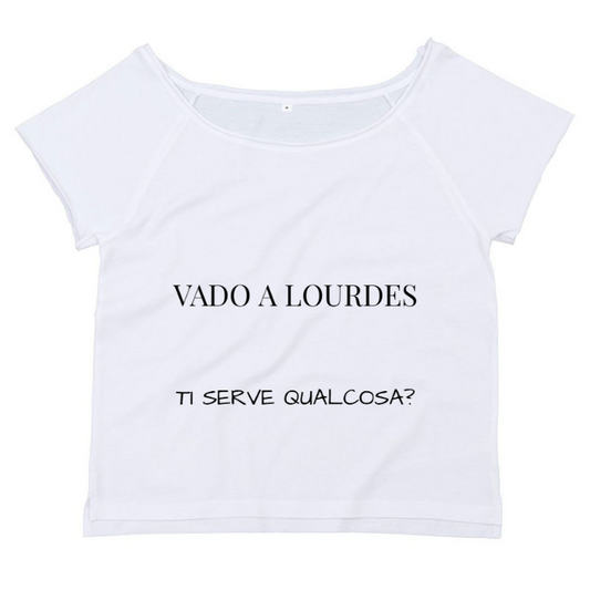 T-Shirt SARCASTICO Donna Cotone organico Flashdance Mantis "VADO A LOURDES TI SERVE QUALCOSA?"