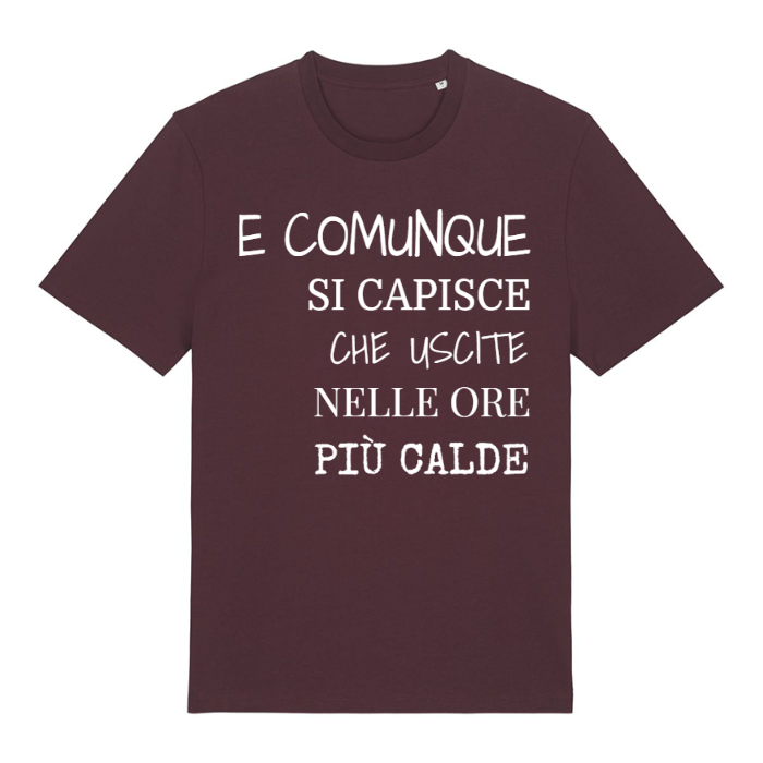 T-Shirt SARCASTICO Unisex Cotone Biologico Filato Creator 2.0 "E COMUNQUE SI CAPISCE CHE USCITE NELLE ORE PIÙ CALDE"