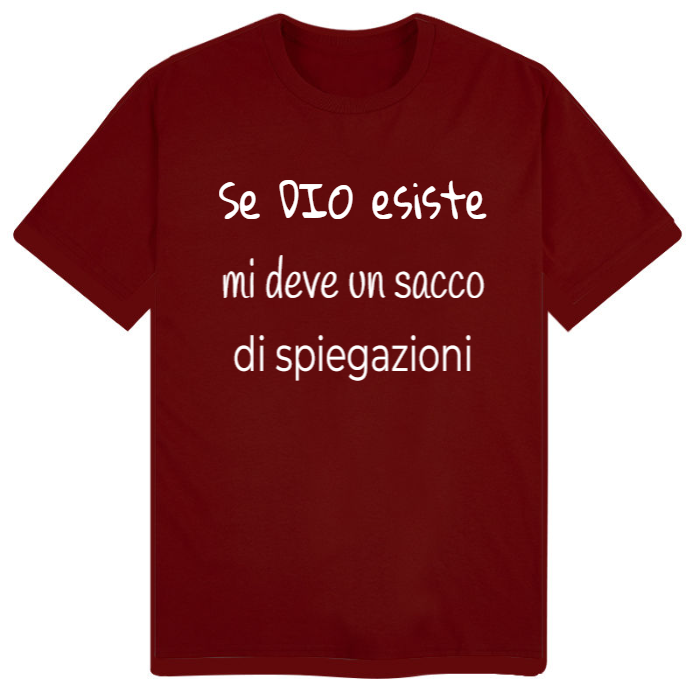 T-Shirt SARCASTICO Uomo Cotone Organico Inspire "SE DIO ESISTE MI DEVE UN SACCO DI SPIEGAZIONI"