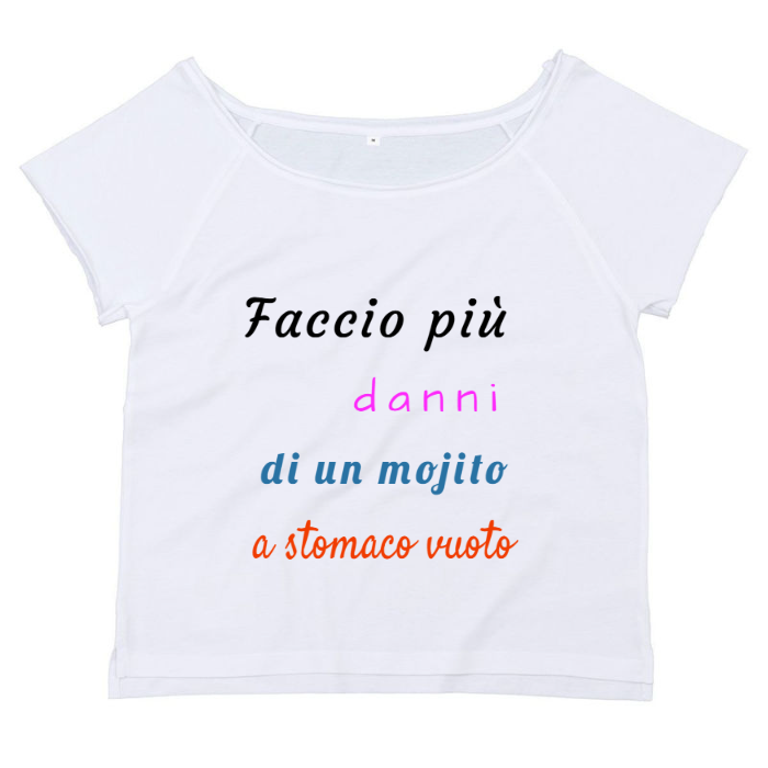 T-Shirt SARCASTICO Donna Cotone Organico Flashdance Mantis "FACCIO PIÙ DANNI DI UN MOJITO A STOMACO VUOTO"