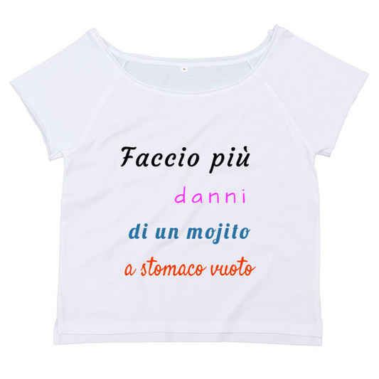 T-Shirt SARCASTICO Donna Cotone Organico Flashdance Mantis "FACCIO PIÙ DANNI DI UN MOJITO A STOMACO VUOTO"