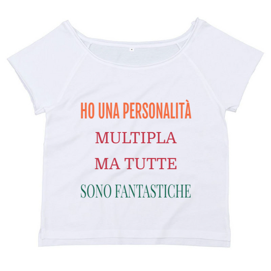 T-Shirt SARCASTICO Donna Cotone Organico Flashdance Mantis "HO UNA PERSONALITÀ MULTIPLA MA TUTTE SONO FANTASTICHE"