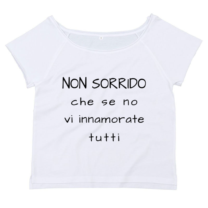 T-Shirt SARCASTICO Donna Cotone Organico Flashdance Mantis "NON SORRIDO CHE SE NO VI INNAMORATE TUTTI"