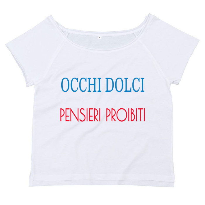 T-Shirt SARCASTICO Donna Cotone Organico Flashdance Mantis "OCCHI DOLCI PENSIERI PROIBITI"