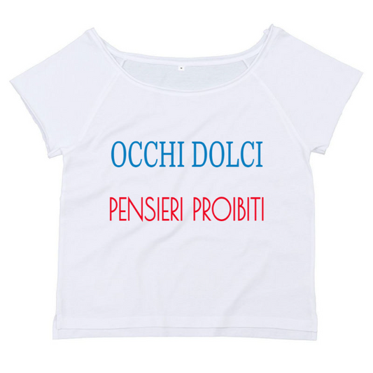 T-Shirt SARCASTICO Donna Cotone Organico Flashdance Mantis "OCCHI DOLCI PENSIERI PROIBITI"