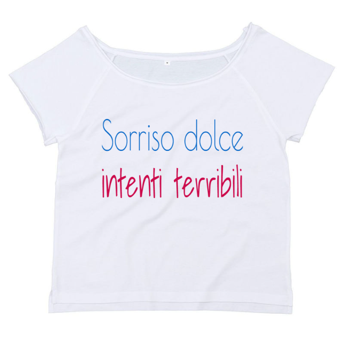 T-Shirt SARCASTICO Donna Cotone Organico Flashdance Mantis "SORRISO DOLCE INTENTI TERRIBILI"