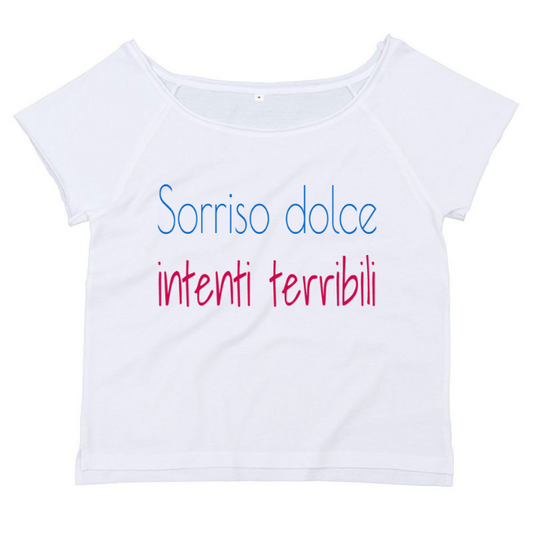 T-Shirt SARCASTICO Donna Cotone Organico Flashdance Mantis "SORRISO DOLCE INTENTI TERRIBILI"