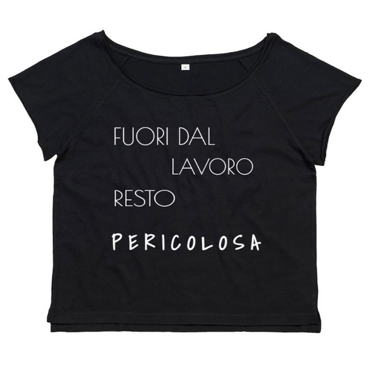 T-Shirt SARCASTICO Donna Cotone Organico Flashdance Mantis "FUORI DAL LAVORO RESTO PERICOLOSA"