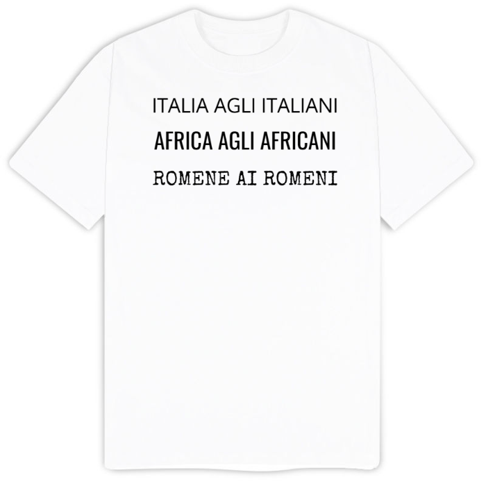 T-Shirt SARCASTICO Uomo Cotone Organico Inspire "ITALIA AGLI ITALIANI AFRICA  AGLI AFRICANI ROMENE AI ROMENI"